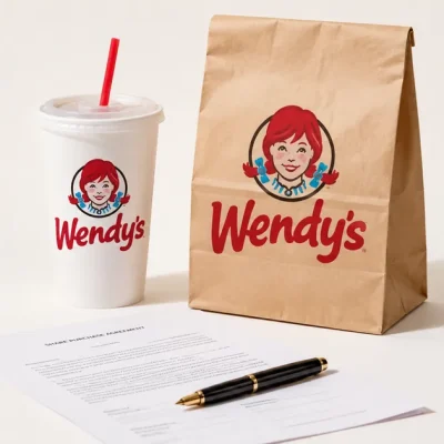 A Wendy's paper cup and takeout bag on a white studio backdrop next to a folded share purchase agreement and a fountain pen