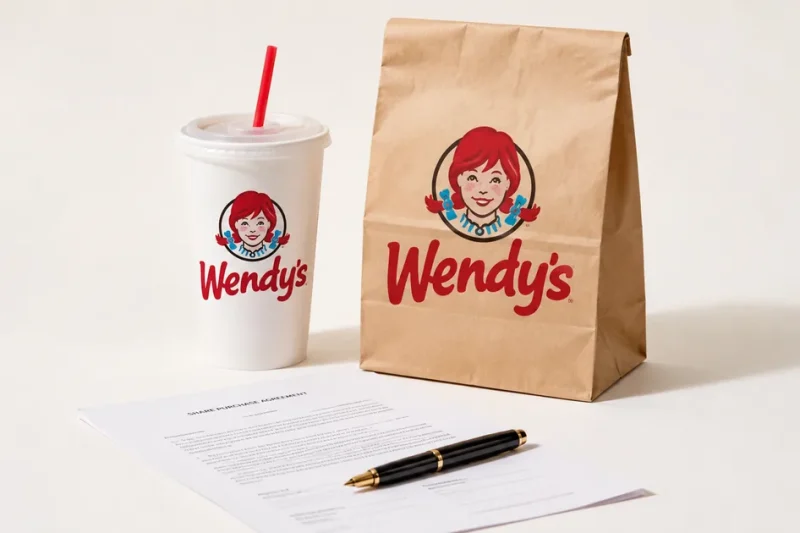 A Wendy's paper cup and takeout bag on a white studio backdrop next to a folded share purchase agreement and a fountain pen