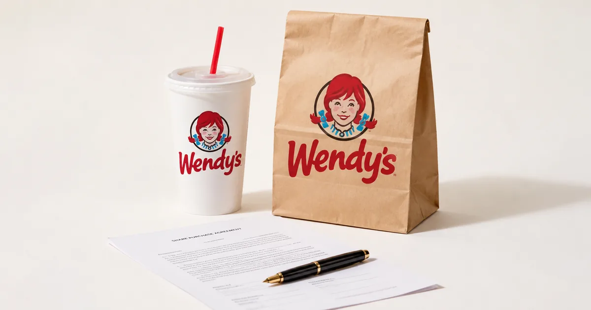 A Wendy's paper cup and takeout bag on a white studio backdrop next to a folded share purchase agreement and a fountain pen