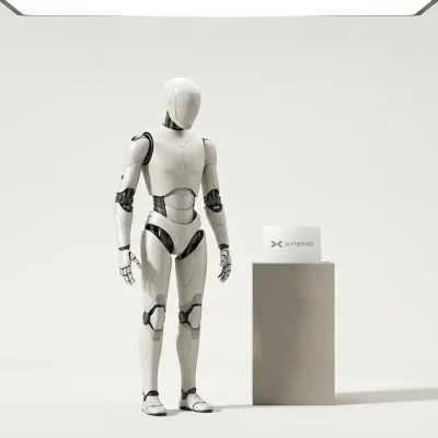 A pearl-white humanoid robot standing on a bone-white studio backdrop next to a grey plinth holding a printed card with the XPENG logo
