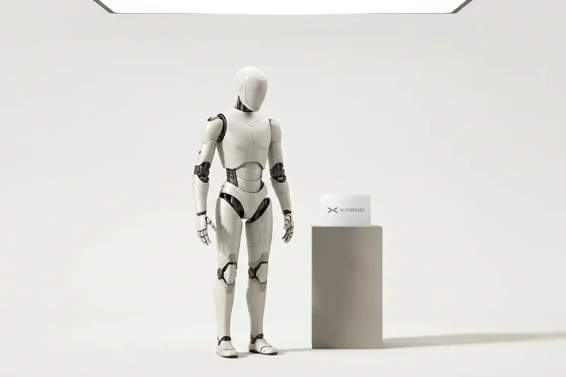 A pearl-white humanoid robot standing on a bone-white studio backdrop next to a grey plinth holding a printed card with the XPENG logo
