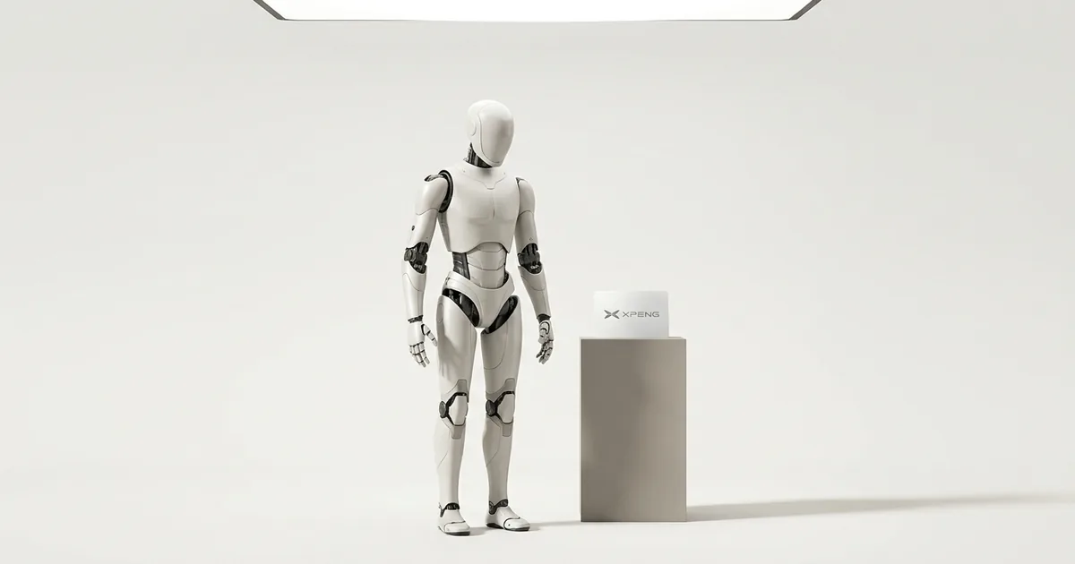 A pearl-white humanoid robot standing on a bone-white studio backdrop next to a grey plinth holding a printed card with the XPENG logo