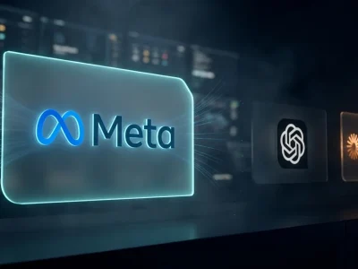 A glowing Meta logo panel in the foreground of a dark control room with smaller dimmer OpenAI and Anthropic logo panels set behind it