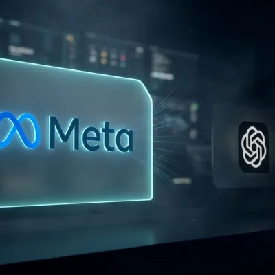 A glowing Meta logo panel in the foreground of a dark control room with smaller dimmer OpenAI and Anthropic logo panels set behind it