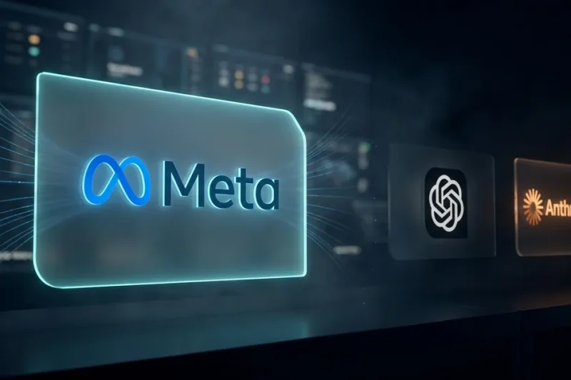 A glowing Meta logo panel in the foreground of a dark control room with smaller dimmer OpenAI and Anthropic logo panels set behind it