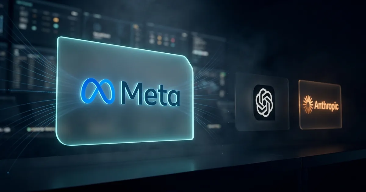 A glowing Meta logo panel in the foreground of a dark control room with smaller dimmer OpenAI and Anthropic logo panels set behind it