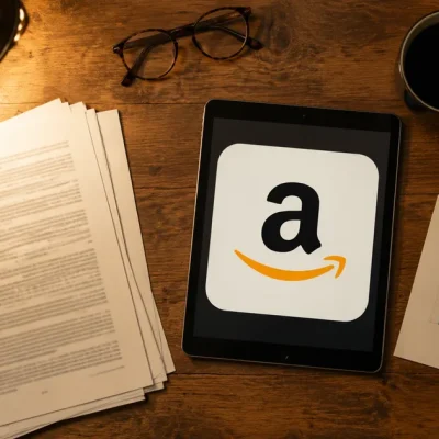 Overhead view of a wooden desk with printed legal filings, reading glasses, coffee and a tablet displaying the Amazon logo