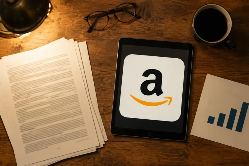 Overhead view of a wooden desk with printed legal filings, reading glasses, coffee and a tablet displaying the Amazon logo