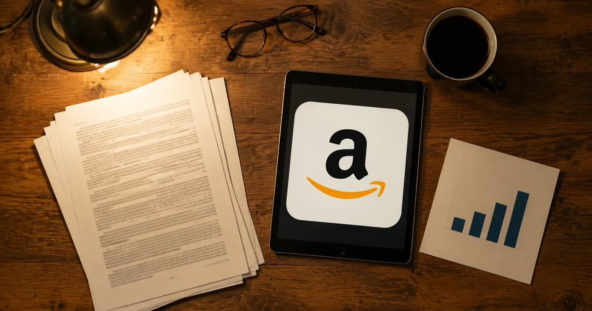 Overhead view of a wooden desk with printed legal filings, reading glasses, coffee and a tablet displaying the Amazon logo