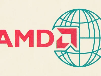 Risograph poster of the red AMD logo interlocking with a teal wireframe globe on cream newsprint