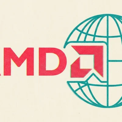 Risograph poster of the red AMD logo interlocking with a teal wireframe globe on cream newsprint