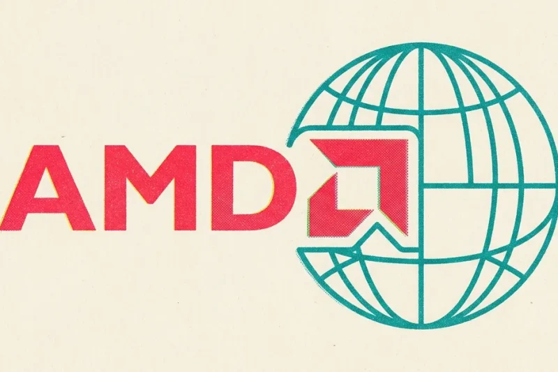 Risograph poster of the red AMD logo interlocking with a teal wireframe globe on cream newsprint