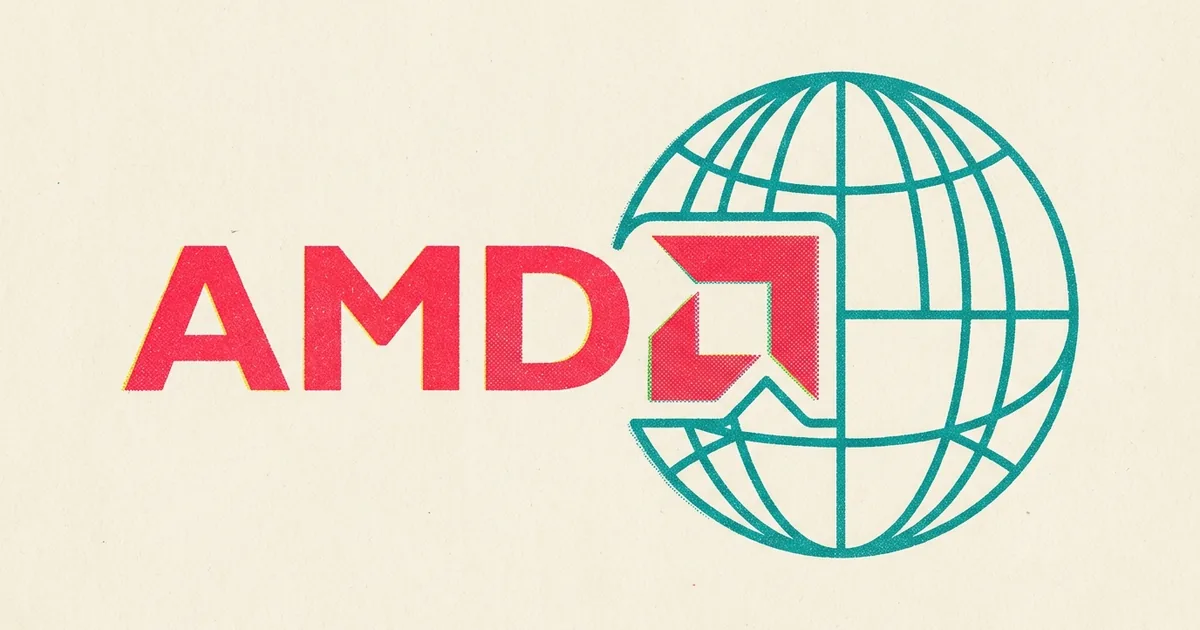 Risograph poster of the red AMD logo interlocking with a teal wireframe globe on cream newsprint