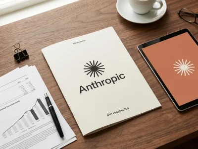 Overhead view of a printed Anthropic IPO prospectus on a walnut desk beside a tablet showing the Anthropic mark, financial statement pages with a rising revenue chart, a fountain pen and a coffee cup