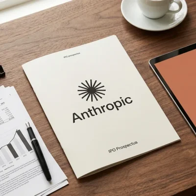 Overhead view of a printed Anthropic IPO prospectus on a walnut desk beside a tablet showing the Anthropic mark, financial statement pages with a rising revenue chart, a fountain pen and a coffee cup