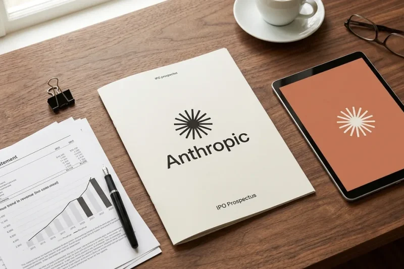 Overhead view of a printed Anthropic IPO prospectus on a walnut desk beside a tablet showing the Anthropic mark, financial statement pages with a rising revenue chart, a fountain pen and a coffee cup