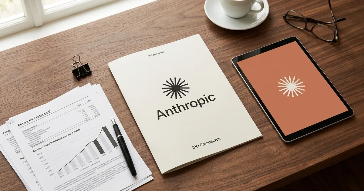 Overhead view of a printed Anthropic IPO prospectus on a walnut desk beside a tablet showing the Anthropic mark, financial statement pages with a rising revenue chart, a fountain pen and a coffee cup