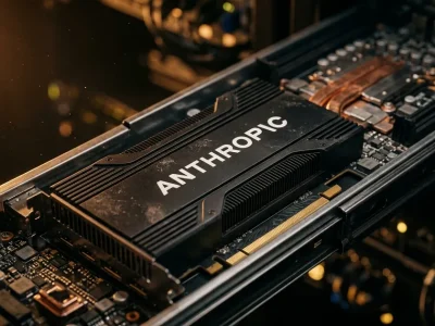 Extreme macro of an AI accelerator board in a server rail with the Anthropic wordmark on its black heatsink, lit by warm amber side light
