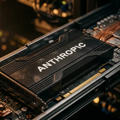 Extreme macro of an AI accelerator board in a server rail with the Anthropic wordmark on its black heatsink, lit by warm amber side light