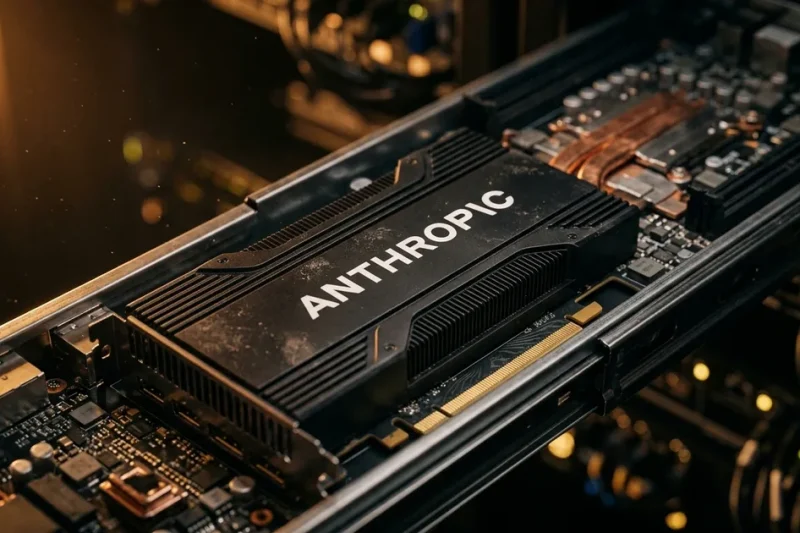 Extreme macro of an AI accelerator board in a server rail with the Anthropic wordmark on its black heatsink, lit by warm amber side light