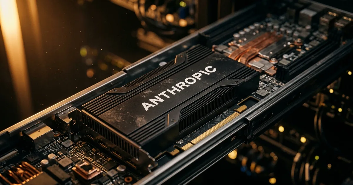 Extreme macro of an AI accelerator board in a server rail with the Anthropic wordmark on its black heatsink, lit by warm amber side light