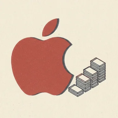 Flat two-colour risograph poster showing the Apple logo next to an ascending staircase of stacked memory chip blocks
