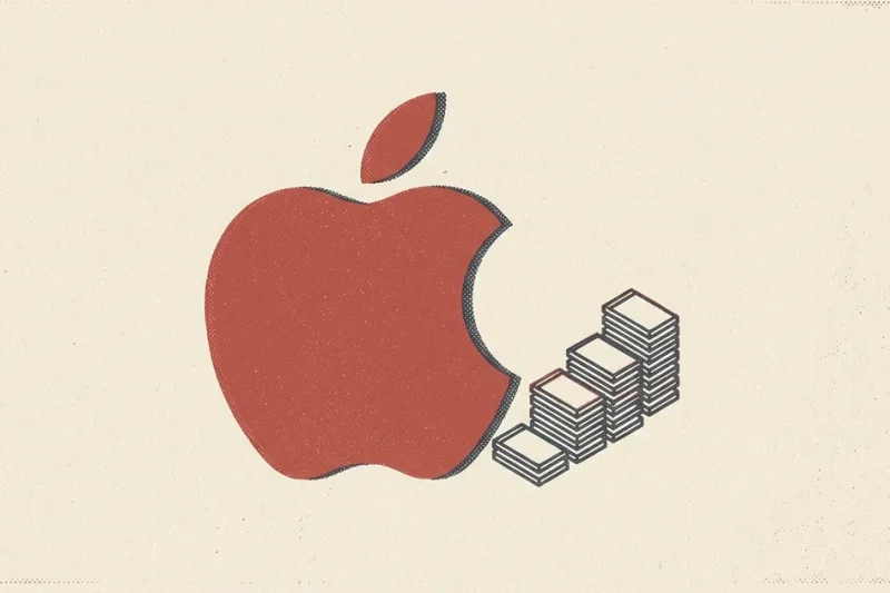 Flat two-colour risograph poster showing the Apple logo next to an ascending staircase of stacked memory chip blocks