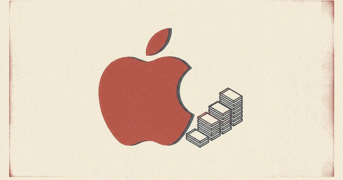 Flat two-colour risograph poster showing the Apple logo next to an ascending staircase of stacked memory chip blocks