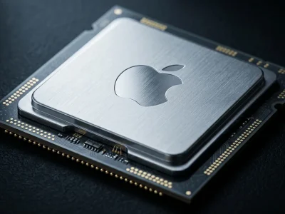 Extreme close-up of a silicon processor package on a dark surface with the Apple logo etched into its brushed metal heat spreader and gold contacts along the edges