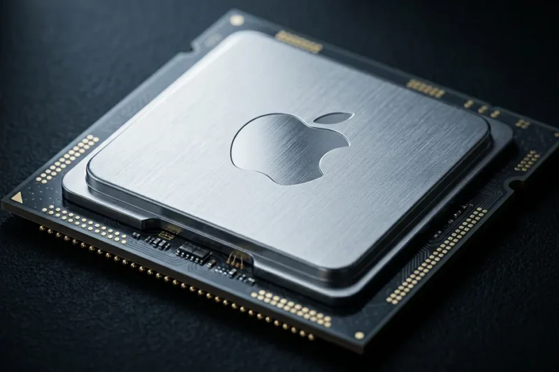 Extreme close-up of a silicon processor package on a dark surface with the Apple logo etched into its brushed metal heat spreader and gold contacts along the edges