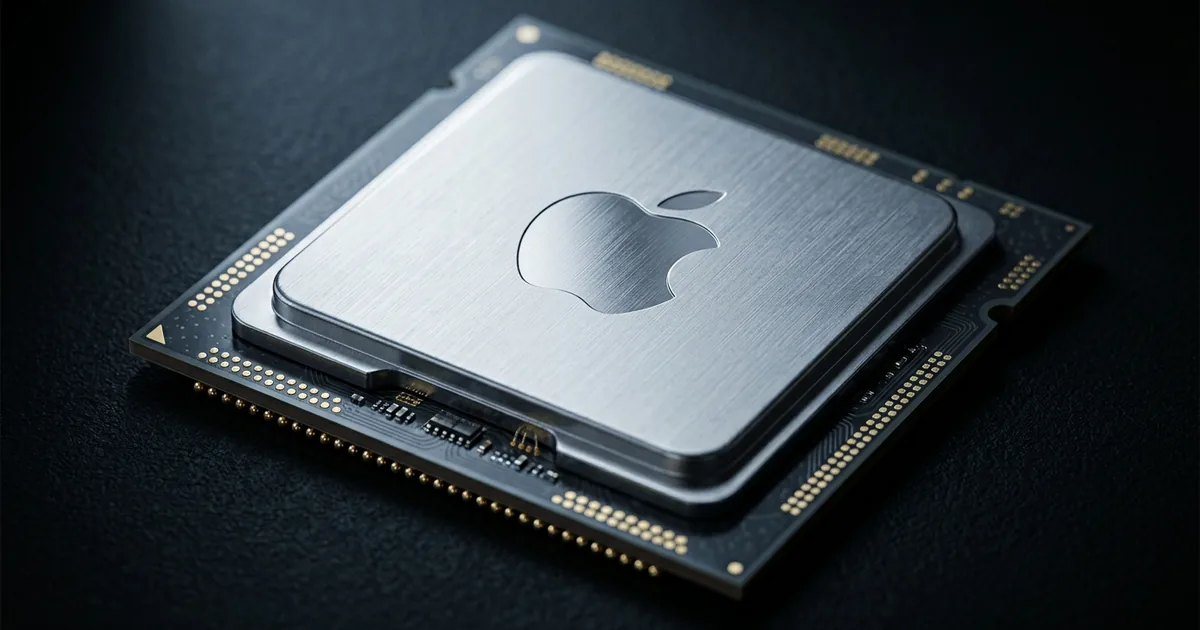 Extreme close-up of a silicon processor package on a dark surface with the Apple logo etched into its brushed metal heat spreader and gold contacts along the edges