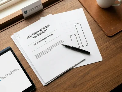 Overhead flatlay of a walnut desk with an all-cash merger agreement showing 32.50 dollars per share, a fountain pen, a coffee cup and a tablet displaying the Dell Technologies logo