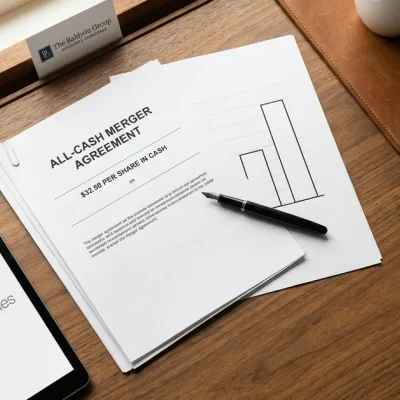 Overhead flatlay of a walnut desk with an all-cash merger agreement showing 32.50 dollars per share, a fountain pen, a coffee cup and a tablet displaying the Dell Technologies logo