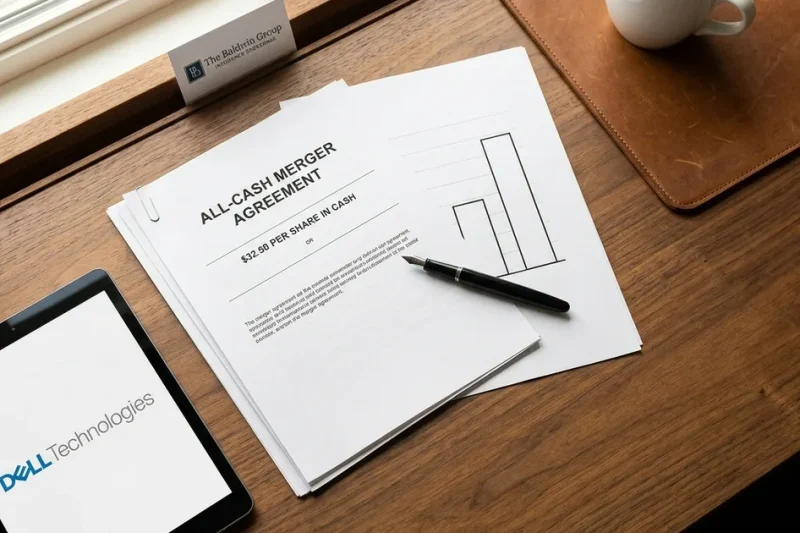 Overhead flatlay of a walnut desk with an all-cash merger agreement showing 32.50 dollars per share, a fountain pen, a coffee cup and a tablet displaying the Dell Technologies logo