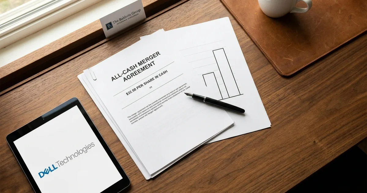 Overhead flatlay of a walnut desk with an all-cash merger agreement showing 32.50 dollars per share, a fountain pen, a coffee cup and a tablet displaying the Dell Technologies logo