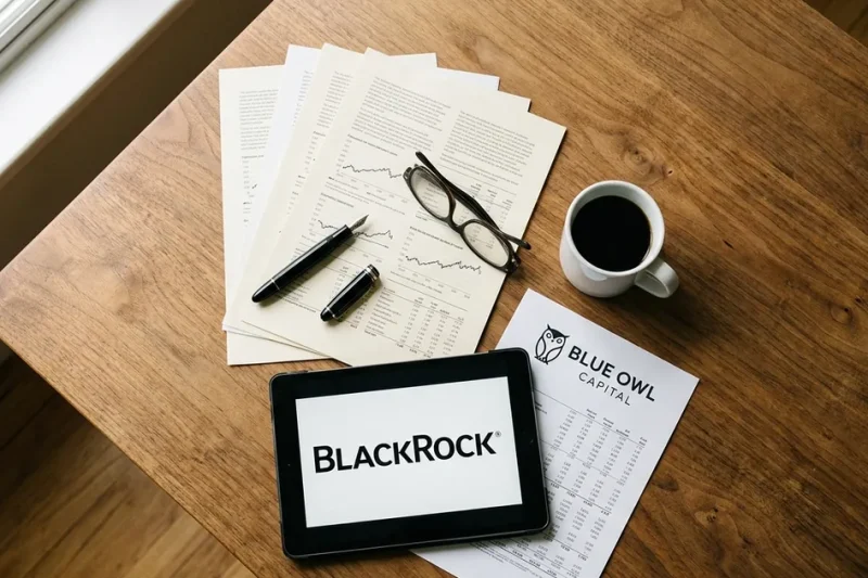 Overhead view of a wooden desk with printed financial report pages, a pen, coffee, a tablet showing the BlackRock logo and a document bearing the Blue Owl Capital logo
