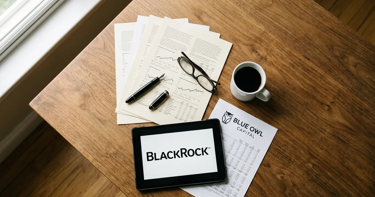 Overhead view of a wooden desk with printed financial report pages, a pen, coffee, a tablet showing the BlackRock logo and a document bearing the Blue Owl Capital logo