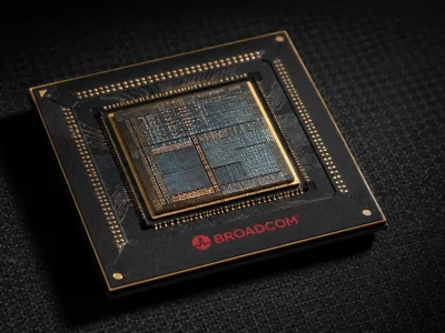 Extreme macro of a custom AI accelerator chip package with the Broadcom logo printed on its black substrate