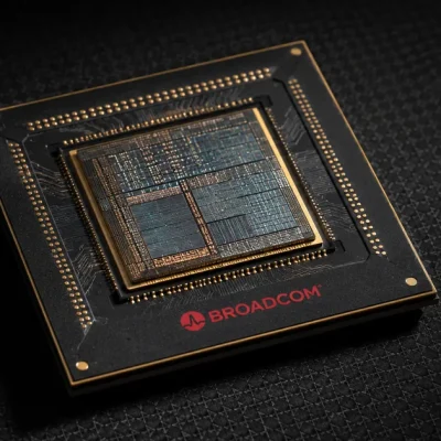 Extreme macro of a custom AI accelerator chip package with the Broadcom logo printed on its black substrate