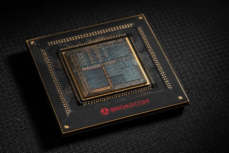 Extreme macro of a custom AI accelerator chip package with the Broadcom logo printed on its black substrate