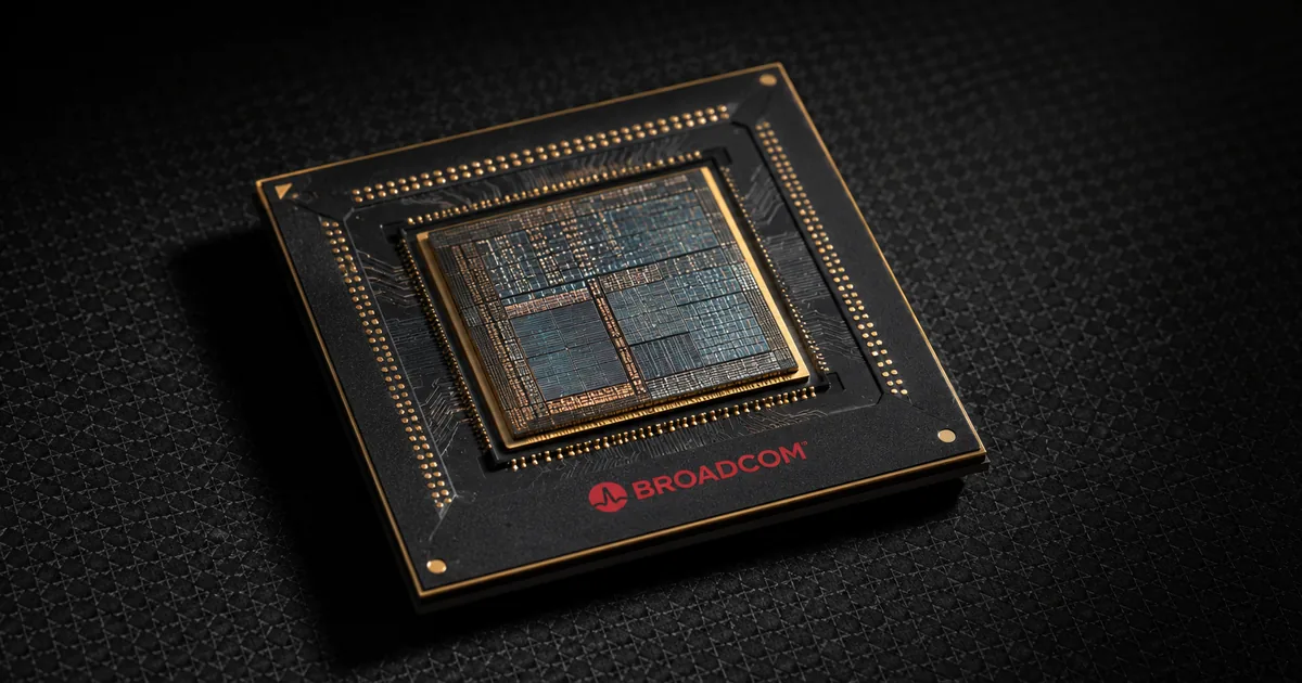Extreme macro of a custom AI accelerator chip package with the Broadcom logo printed on its black substrate
