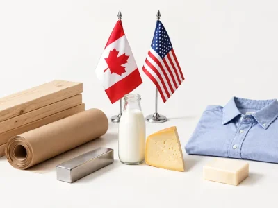 White studio still life of lumber, kraft paper, a steel bar, milk, cheese, a folded shirt and soap, with small Canadian and US desk flags behind them