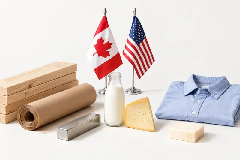 White studio still life of lumber, kraft paper, a steel bar, milk, cheese, a folded shirt and soap, with small Canadian and US desk flags behind them