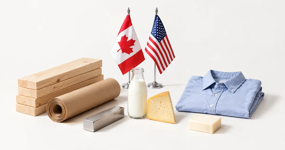 White studio still life of lumber, kraft paper, a steel bar, milk, cheese, a folded shirt and soap, with small Canadian and US desk flags behind them