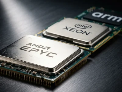 Macro photograph of AMD EPYC, Intel Xeon and Arm server processor packages on a dark brushed metal surface