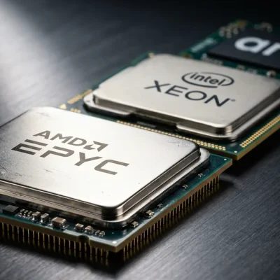 Macro photograph of AMD EPYC, Intel Xeon and Arm server processor packages on a dark brushed metal surface