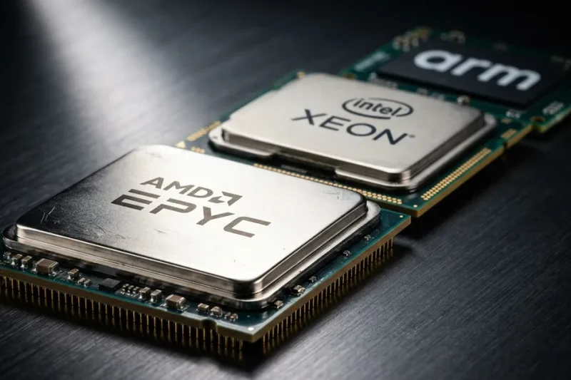 Macro photograph of AMD EPYC, Intel Xeon and Arm server processor packages on a dark brushed metal surface