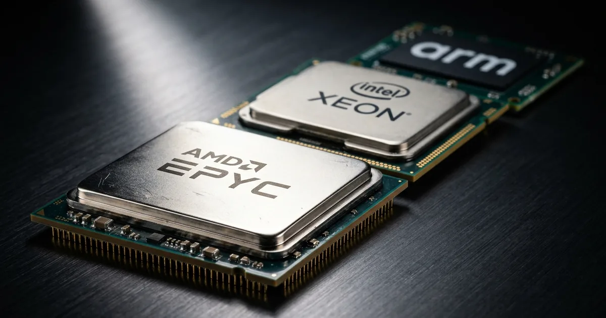 Macro photograph of AMD EPYC, Intel Xeon and Arm server processor packages on a dark brushed metal surface