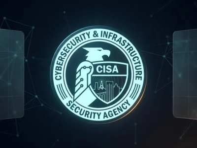 The CISA seal glowing at the centre of a dark navy field with blank monitoring panels and a faint network of connected nodes