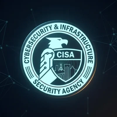 The CISA seal glowing at the centre of a dark navy field with blank monitoring panels and a faint network of connected nodes
